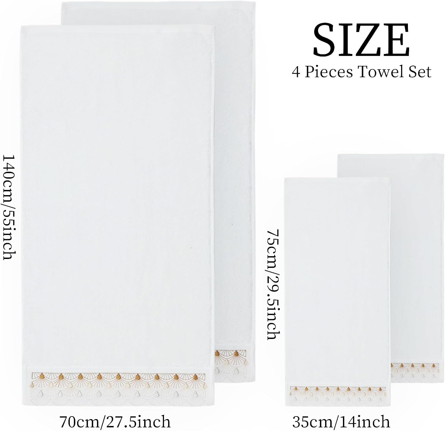 4-Piece Bath Towels Set 100% Cotton Embroidered Towels Set Super Soft Highly Absorbent Decorative Bathroom Towel Suitable for Home Spa Shower Gym, 2 Bath Towels+ 2 Hand Towels