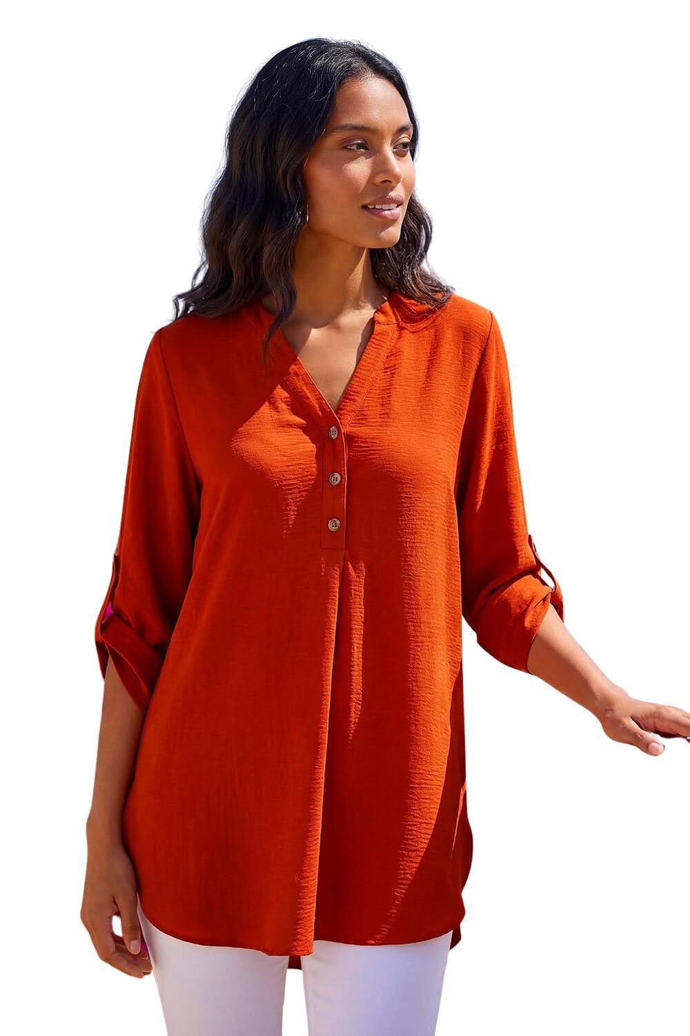 Roman Women's Orange Longline Notch Neck Buttoned Top In | Size: 12