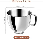 5 Bol de mélangeur en acier inoxydable Quart compatible avec KitchenAid 4.5 & 5 QT Mélangeurs à tête incrustée, durables KitchenAid Bol de remplacement, Accessoires pour mélangeur pour la cuisson & Cuisson (5qt)