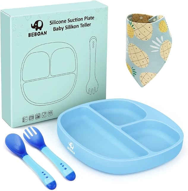 BEBOAN Silicone Divided Plate, Upgraded Non Slip Suction Plates,100% BPA-Free Feeding Dishes, Baby Toddler Plate Fits for Most High Chair (Blue)