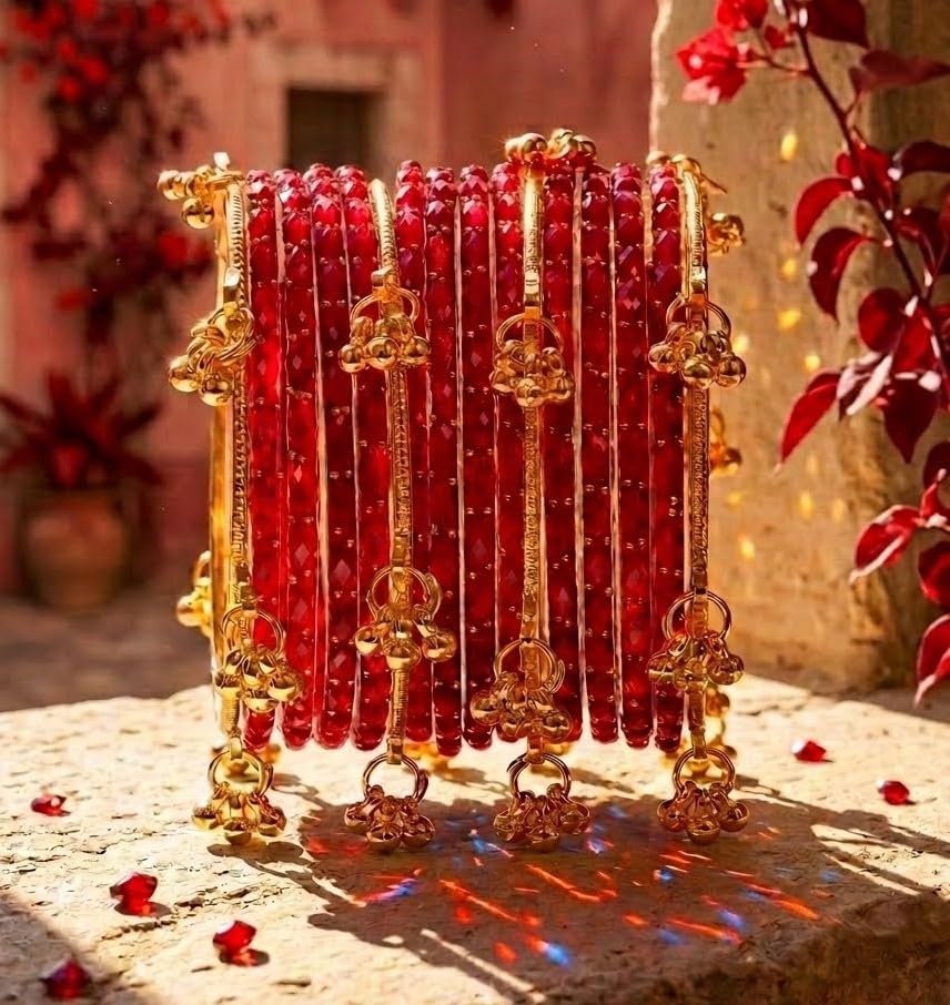 Image of JPS 16 Pcs Trendy Stylish Glass & Kashmiri Ghungroo Bangles Set for Women & Girls | Gold-Plated Traditional Festive Wedding Party Jewellery Chudi Set (12 Glass + 4 Metal)