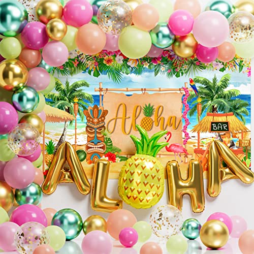 Ecomore Hawaiian Luau Birthday Party Supplies, 246Pcs Disposable Dinnerware(25 Guest) & Tropical Decoration Aloha Summer Beach Paper Plate Cup Napkin Cutlery Tablecloth Backdrop Balloon Garland(Gold) #TOP4