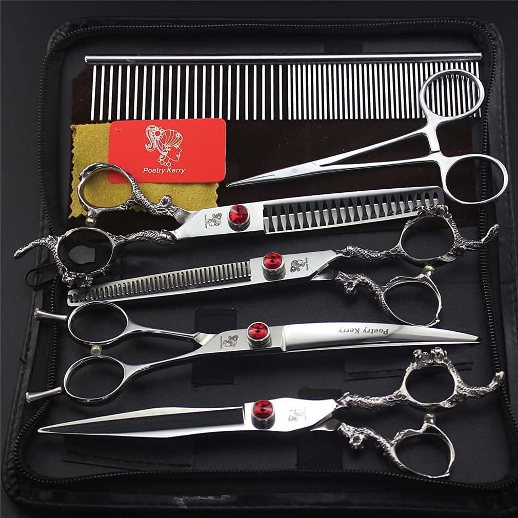 QZH Juego de Tijeras de Aseo para Mascotas de 7.0 Pulgadas, 7 Piezas, Kit de Herramientas de Corte de Pelo de Tijeras de peluquería de Acero Inoxidable, Kit de recortador de Mascotas p