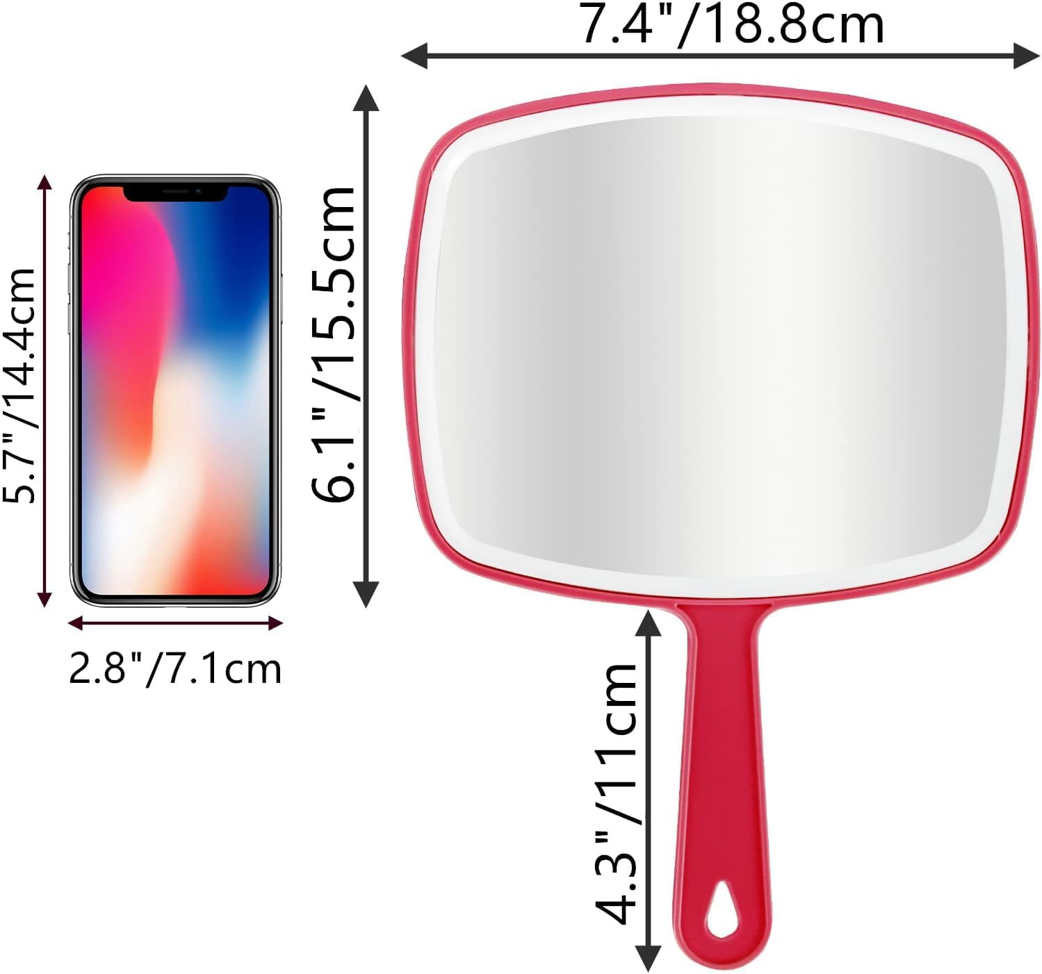 2 Pezzi Specchio a mano, 26.4 x 18.8 cm Specchio Trucco Portatile con Manico, Appendibile, per Radersi o Applicare il Trucco, Rosso