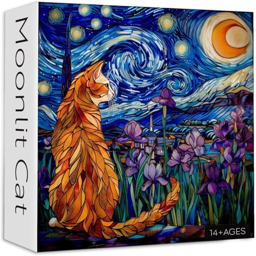 Image of iDream 1000 Pieces Jigsaw Puzzle - Artistic 3D Design, Colorful Wall Decor, Challenging Puzzle Gift for Friends & Family (Moonlit Cat)
