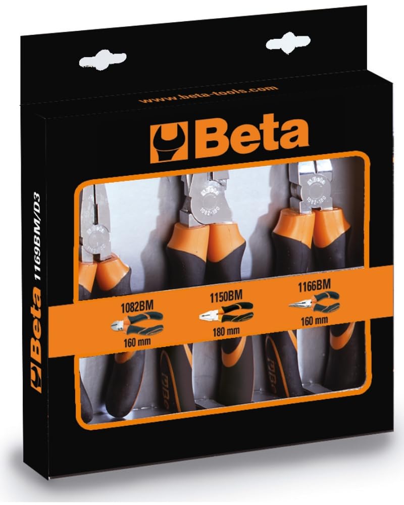 Beta 1169BM/​D3 - Assortimento di 1 pinza universale, 1 pinza becchi mezzotondi lunghi e 1 tronchese, impugnatura bimateriale cromati