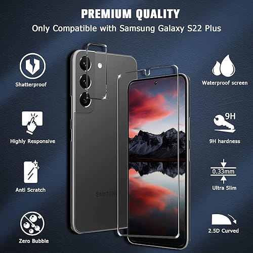 Miniatura 2 de Paquete de 3+2 Protector de pantalla de vidrio y protector de cámara para Galaxy S22, vidrio templado transparente 9H, resistente a los arañazos,