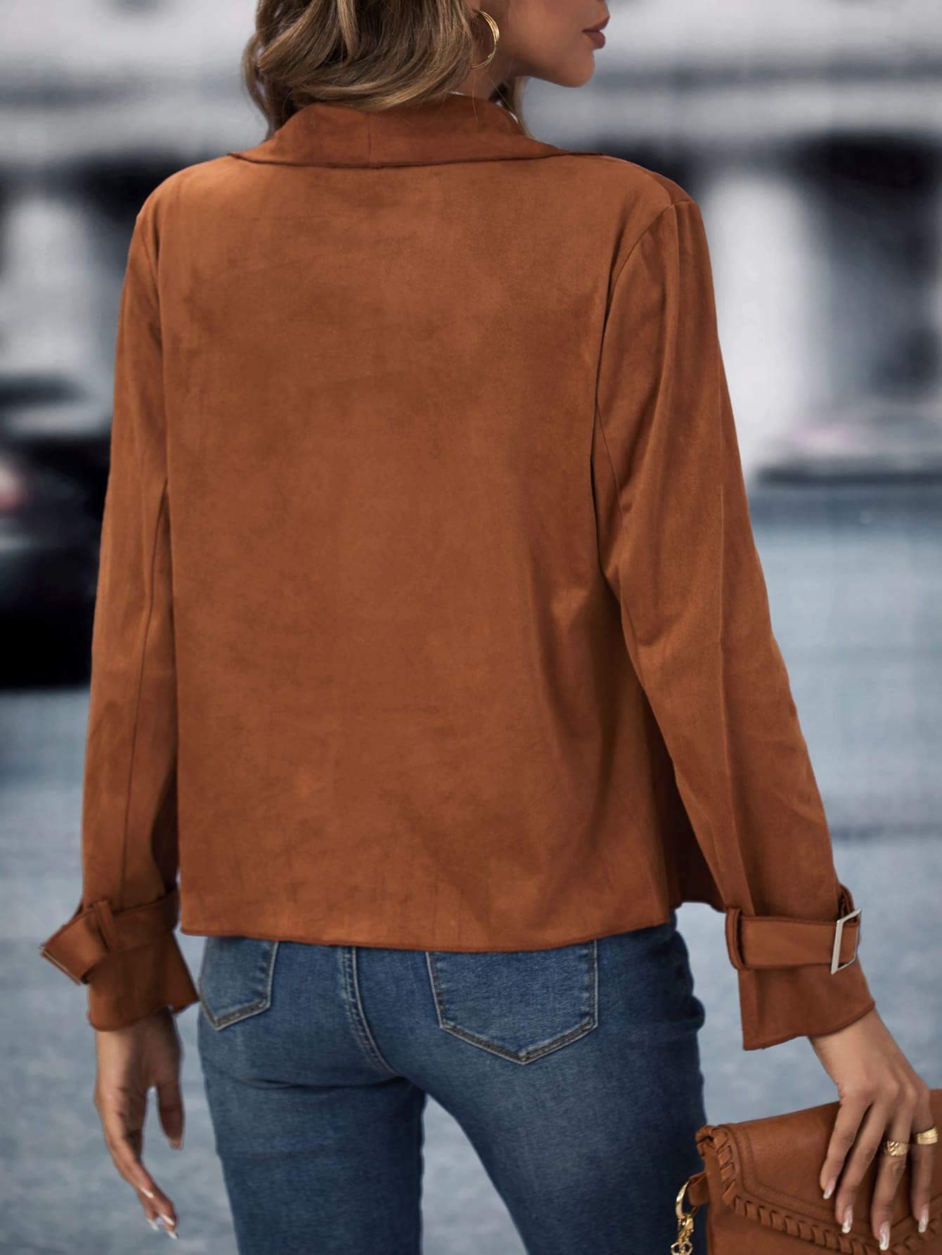 Waterfall Collar Buckled Cuff Jacket (Rust Brown, Medium)