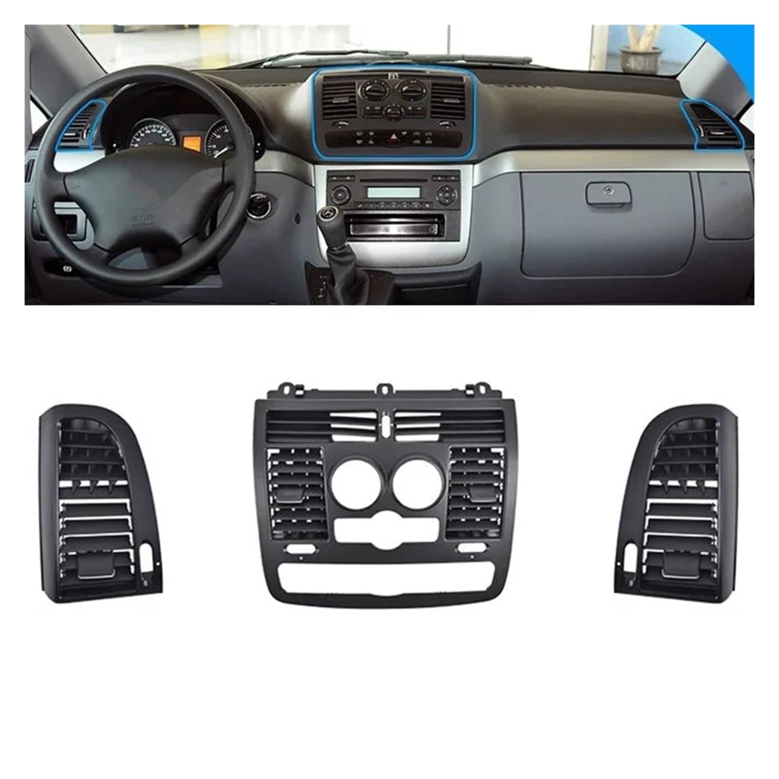 Dla Benz dla Vito dla Viano W636 W639 2004-2015 lewa prawa środkowa pokrywa wylotu wentylacji 6396800007 6396800107 kratka wentylacyjna AC Outlet (Central A 1 szt.) (Central B 1 szt.)