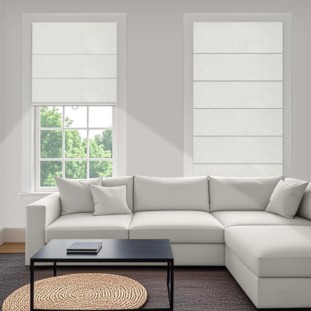 Boolegon No Drill Cordless Roman Shades for Windows, No Fray Blackout Roman Blinds No Tools, Easy Install for Indoor Windows,Living Room,Bathroom, Bedroom, Beige White, Custom Size