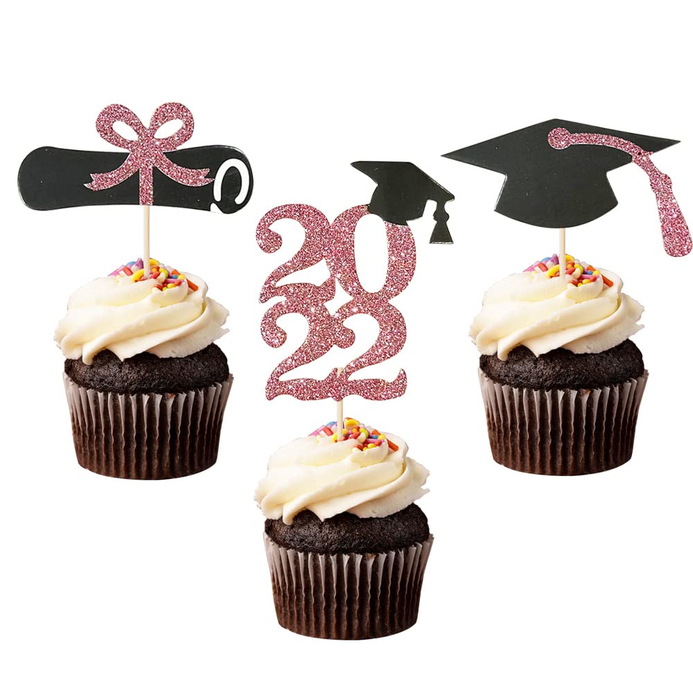 Buy 2022 Graduation Cupcake Toppers, 24 Pack Pink Glitter Class of 2022