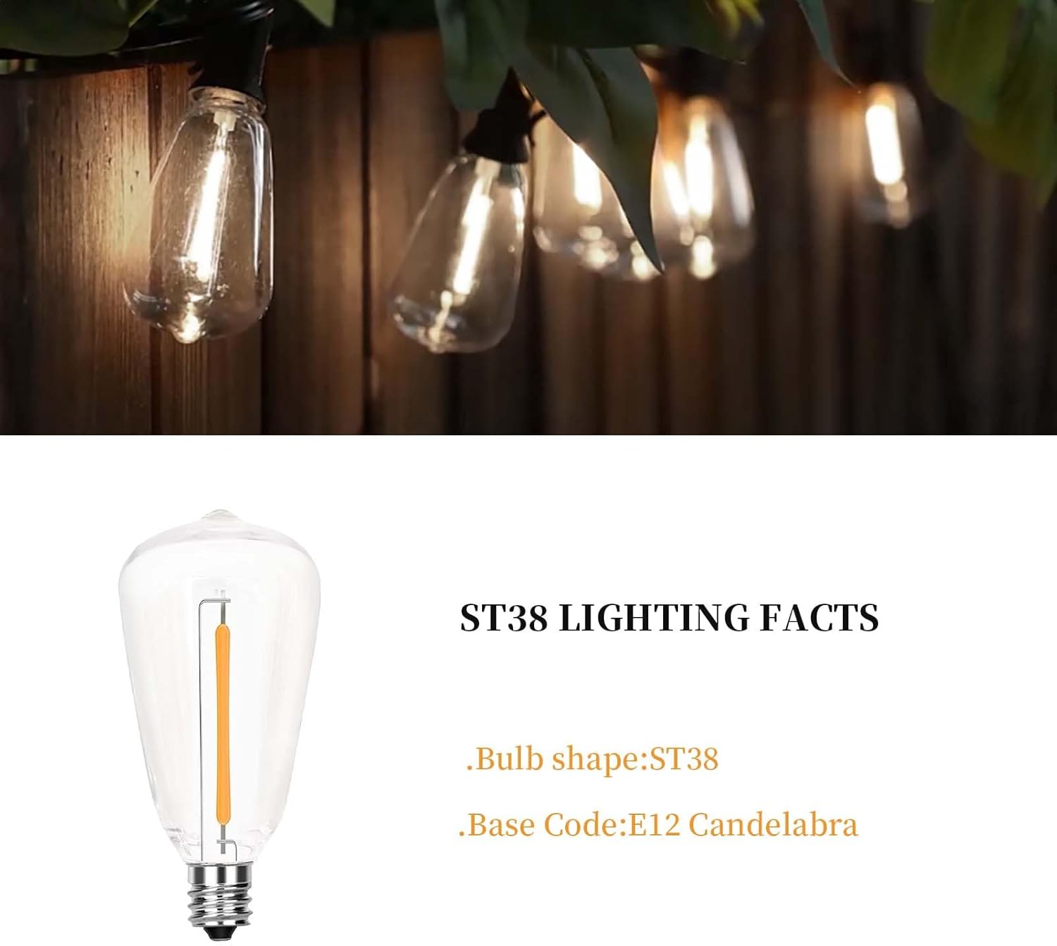10 Pack ST38 Replacement Bulbs,Shatterproof Plastic Vintage LED Edison Bulbs,E12 Screw Base,0.6W,Clear Energy-Efficient for Outdoor String Lights & Patio Décor,Warm White