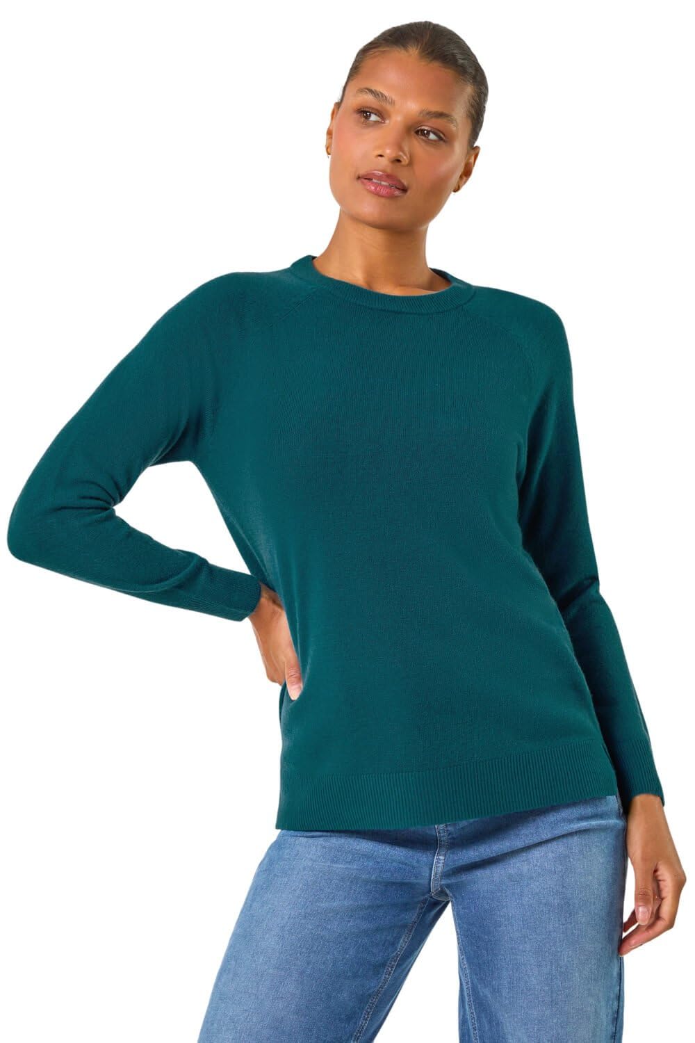 Roman Soft Jumper for Women UK Ladies Winter Autumn Sweater Knit Knitwear Round Crew Neck Top Plain Lightweight Comfy Long Sleeve Split Hem Everyday Daywear - Teal - Size 18