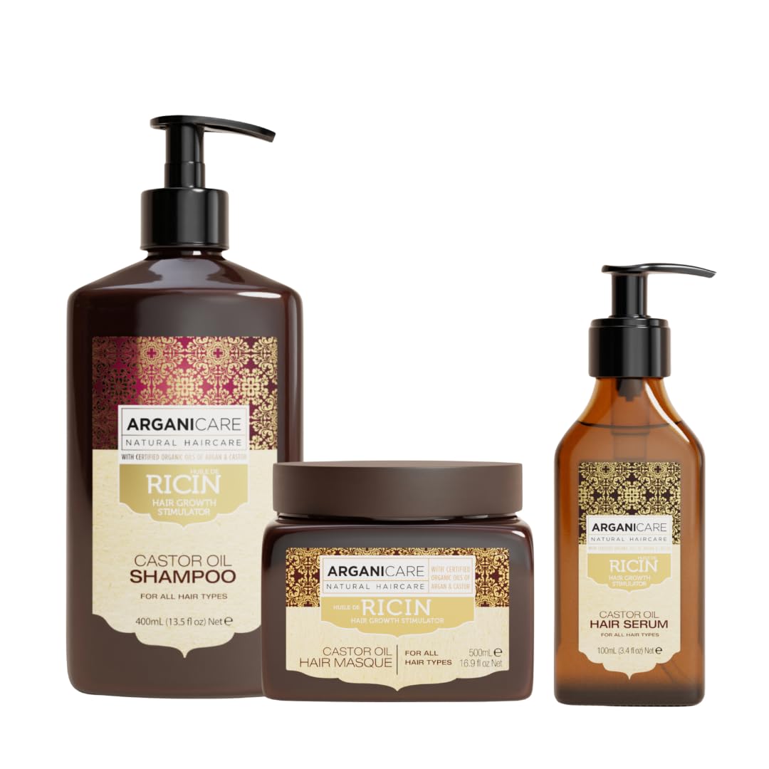 ARGANICARE Coffret Ricin Bio Shampoing 400 ml + Masque Réparateur XXL 500 ml + Sérum 100 ml, routine 3-en-1 accélérateur de croissance, apaise le cuir chevelu, nourrit et renforce