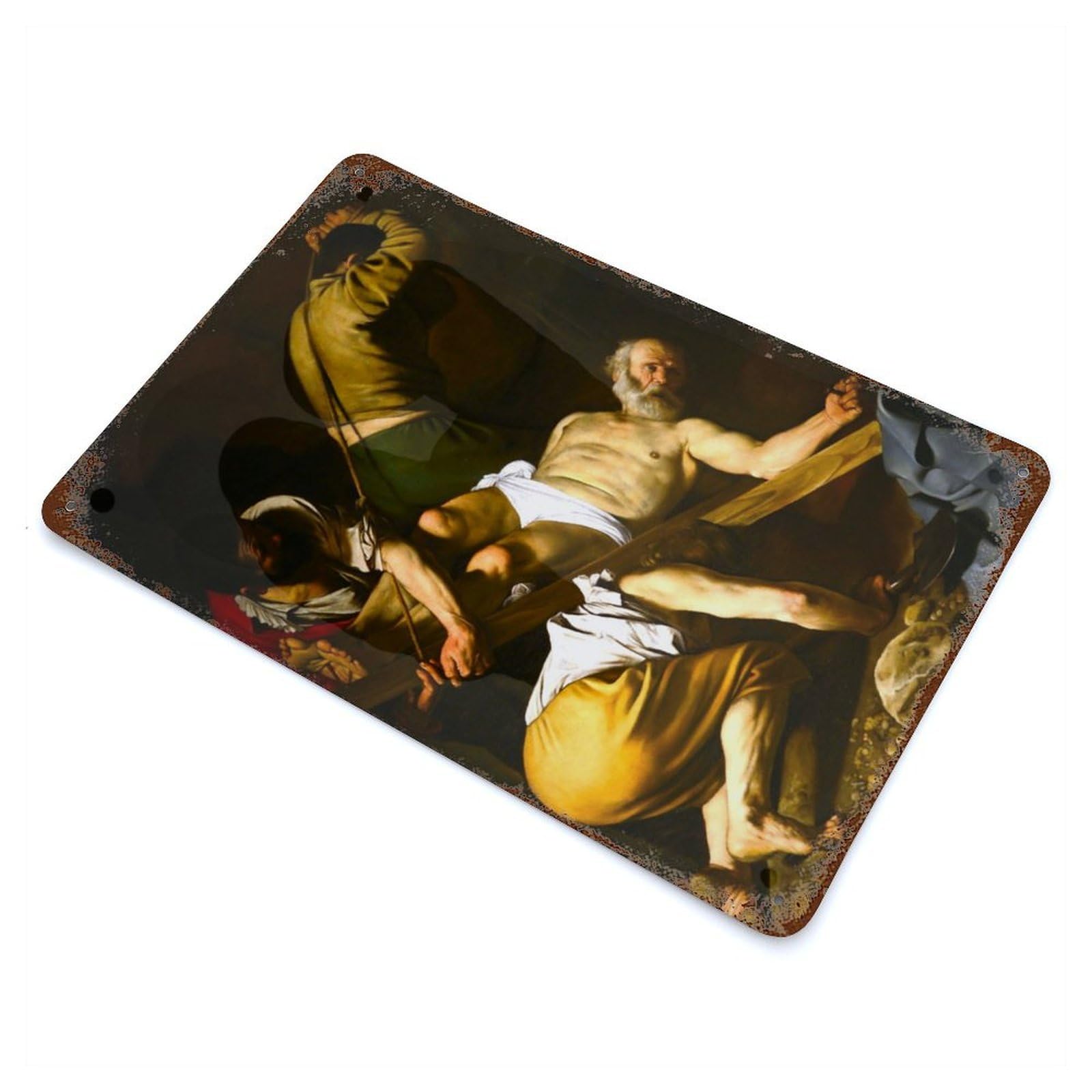 Crucifixion of Saint Peter Vintage Wall Sign 11.8"x7.9", Rust Effect Metal Decor for Basement, Hobby Room And Garage Decor