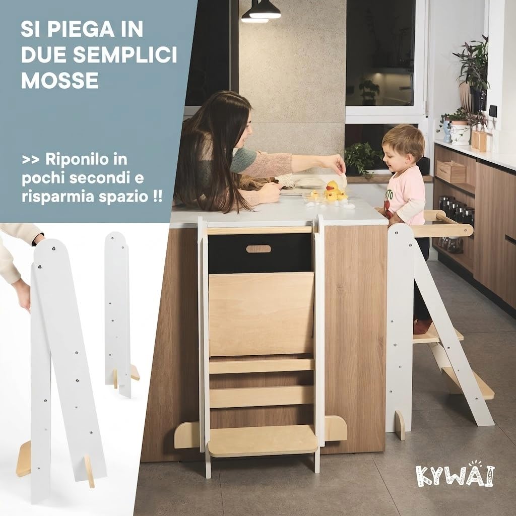 Torre Montessoriana Bambini Premium, Torre Montessoriana Pieghevole con 2 Altezze Regolabili, Lavagna Removibile, Design Nordico Compatto – Marchio Impegnato nella Riforestazione Globale
