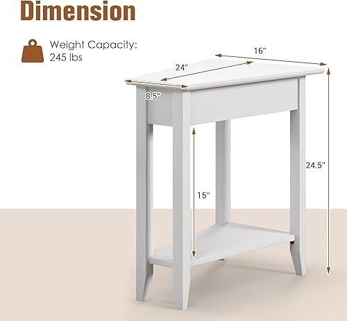 Miniatura 3 de Giantex Juego de 2 mesas auxiliares de cuña blanca, mesa auxiliar triangular con estante de almacenamiento y patas de madera maciza, mesa