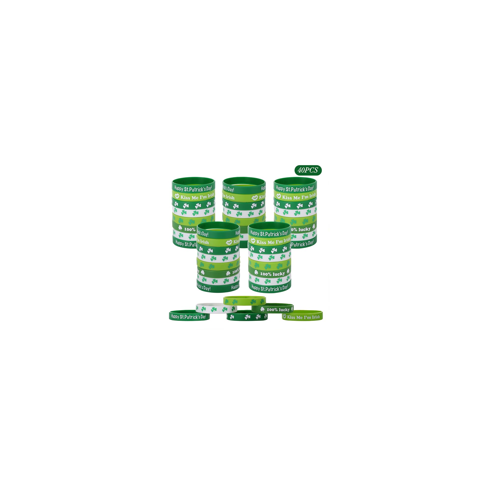 TRWWELL 40pcs St. Patrick's Day Rubber Bracelets Silicone Wristbands Green Shamrock Irish Stretchy Silicone Bracelet for Women Men Party Favors Supplies Decoration