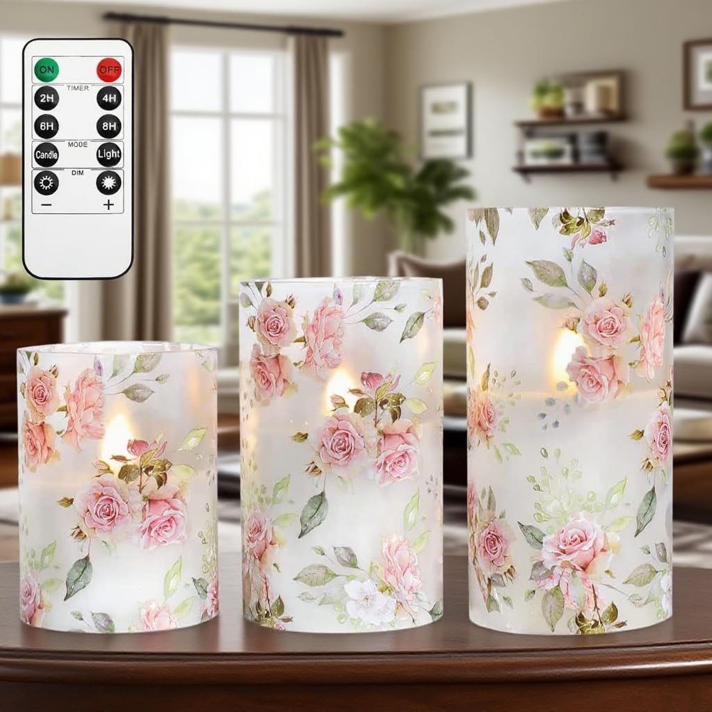 Rose Flameless Candles Love Theme Battery Operated Glass Flickering LED Candle with Remote Pink Flower Decal Realistic Pillar Candles Bedroom Home Decor Table Ornament