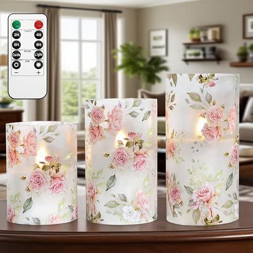 Rose Flameless Candles Love Theme Battery Operated Glass Flickering LED