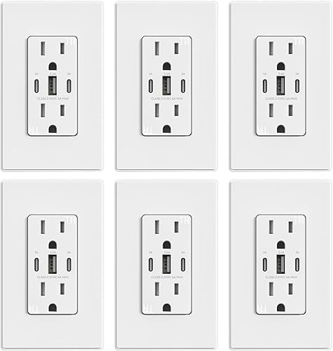 ELEGRP Lot de 6 prises murales USB 30 W 6,0 A à 3 ports, prise 15 A avec deux po