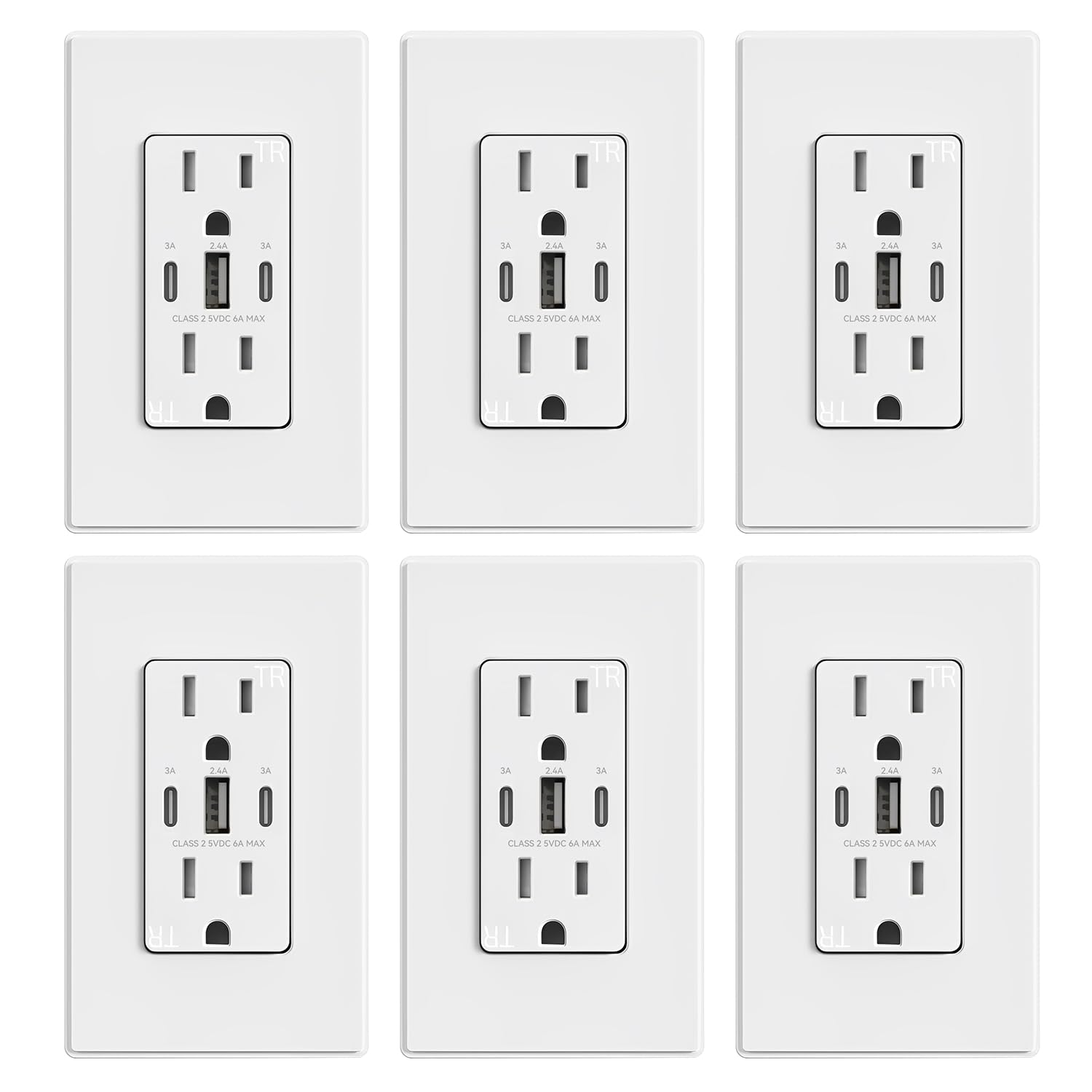 ELEGRP USB Outlets, 30W 6.0 Amp USB C Outlets Receptacles, 3-Port USB Wall Outlet, 15 Amp Tamper-Resistant Outlet with 2 USB C Ports, UL Listed, Screwless Wall Plate Included, 6 Pack, Matte White