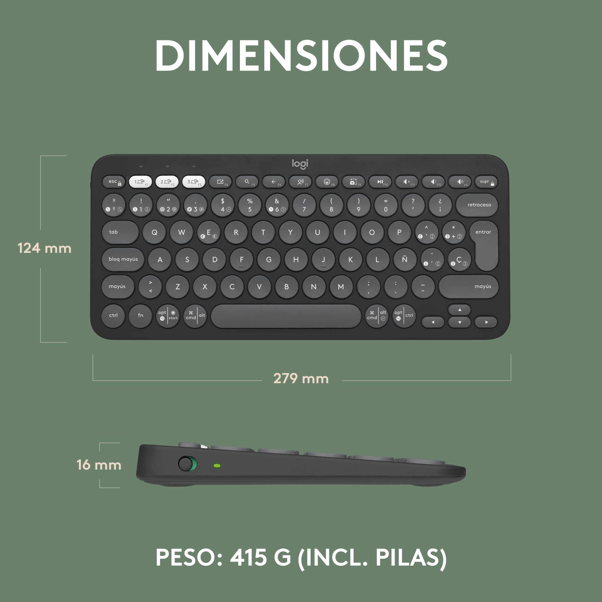 Logitech Pebble Keys 2 K380s, Teclado Bluetooth multidispositivo, accesos directos, estilizado y portátil, Easy-Switch, Windows, macOS, iPadOS, Android, ChromeOS, Disposición QWERTY Españo - Grafito