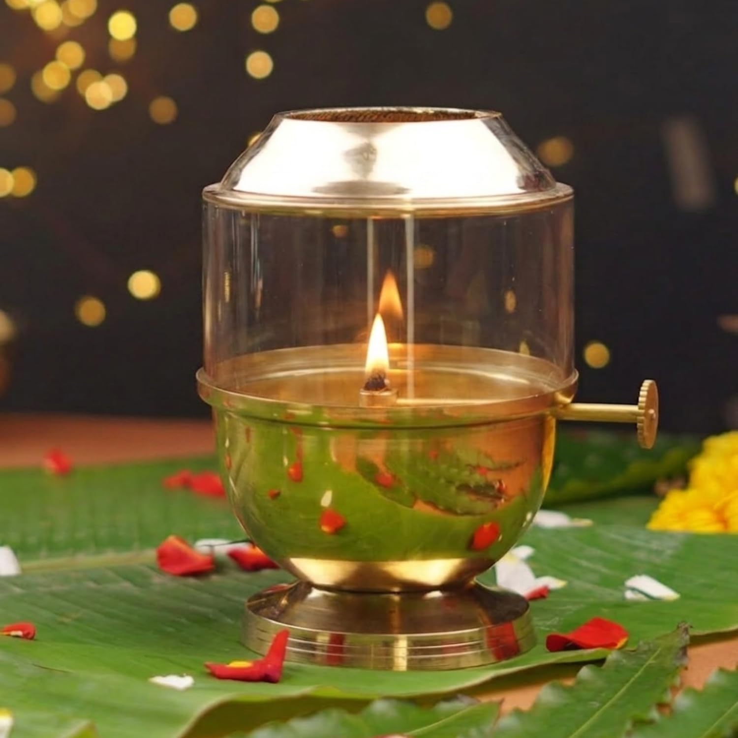 ServDharm Brass Akhand Diya for Puja with Adjustable Bati, Wick Adjustment Screw, & Borosilicate Glass Cover (Extra Large, 500 ml: Oil Capacity, Long Lasting 96 Hours)-picture-12