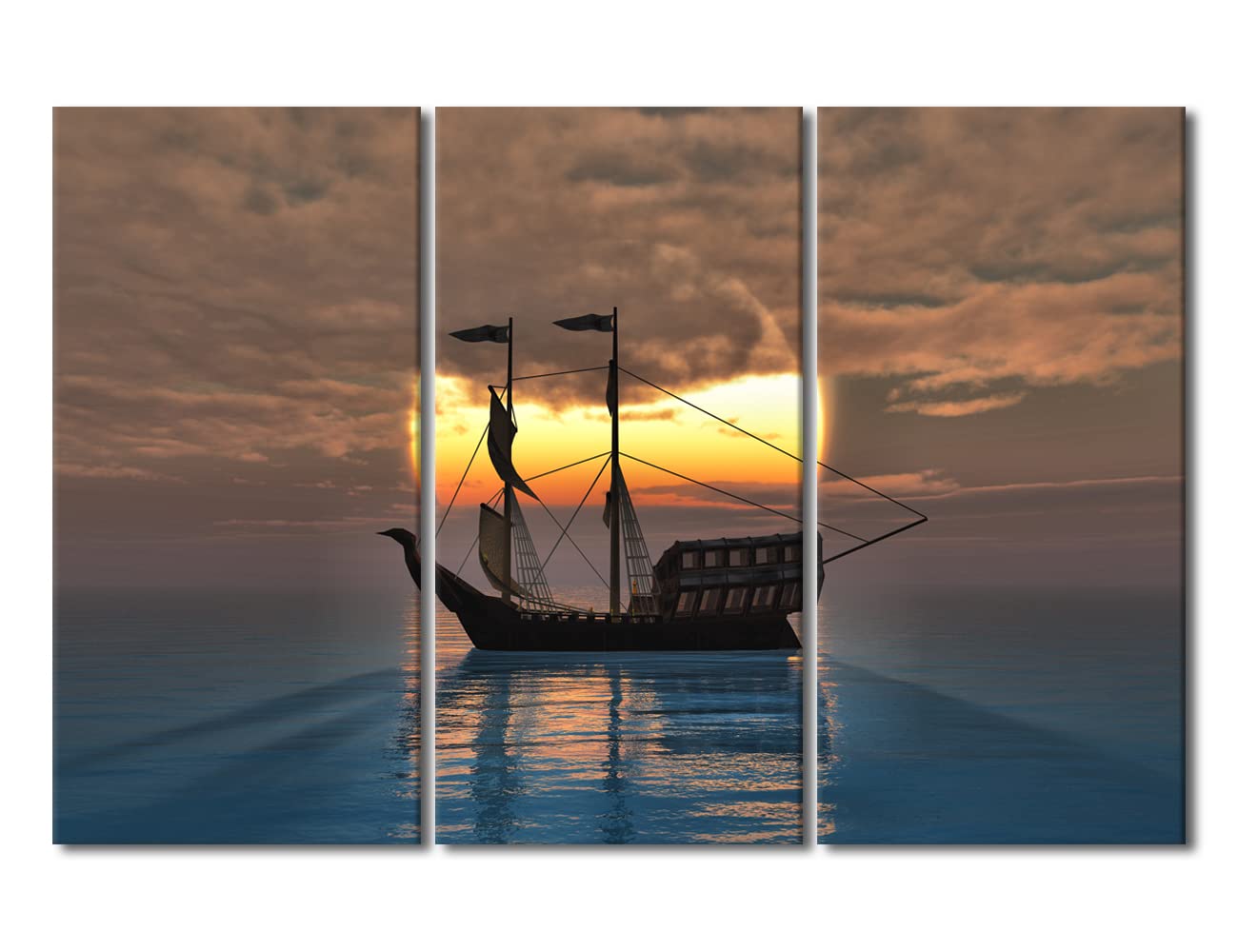 Canvas Wall Art Marine Sailing Boat Pictures Fantasy Ship Paintings for Living Room 3 Panel Prints Artwork Gallery-Wrapped Modern House Decorations Stretched and Framed Ready to Hang (42"Wx28"H)