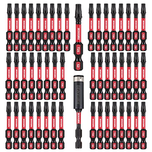 GEINXURN 50 Pieces T25 2 In. Impact Tough Magnetic #25 Torx Head Power Bits S2 Alloy Steel T25 Screwdriver Bits Set with 1Pcs Impact Bit Holder