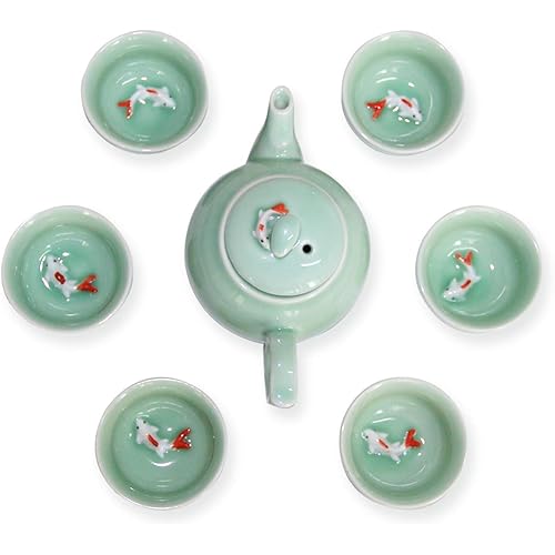 FEIZEMAO Chinese Kung Fu Tea Set Hand Painted Porcelain(6 Cups with Teapot)-Green Teacups Koi Fish Design (White)