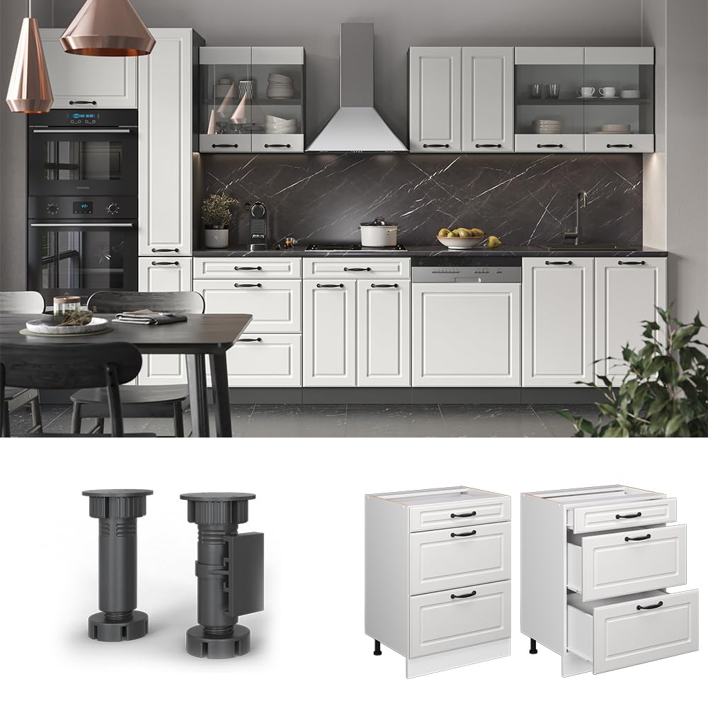 Vicco Küchenunterschrank R-Line, Weiß Landhaus, 60 cm mit Schubladen, ohne Arbeitsplatte, zur freien Kombination innerhalb modularer Küchensysteme
