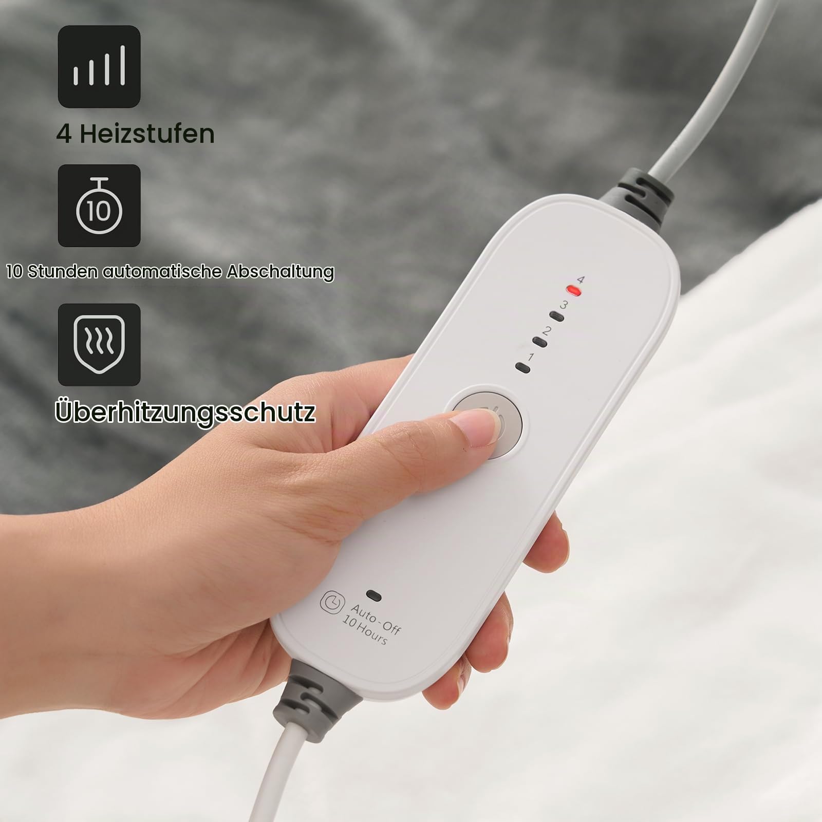 CURECURE Heizdecke 180 x 130 cm Wärmedecke Elektrisch fürs Bett mit Abschaltautomatik Überhitzungsschutz Auto Timer 10 Stunden, 4 Temperaturstufen, Waschbar, Silber Grau