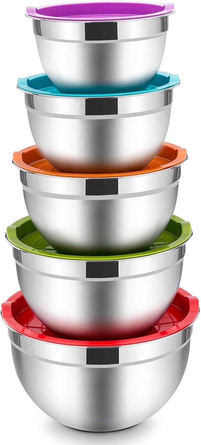 E-far Mixing Bowls with Lids Set of 5, Stainless Steel Mixing Bowls Metal Nesting Bowls with Airtight Lids, Non-toxic & Dishwasher Safe, Great for Cooking, Baking, Serving - Size 0.7/1/1.5/3/4.5QT