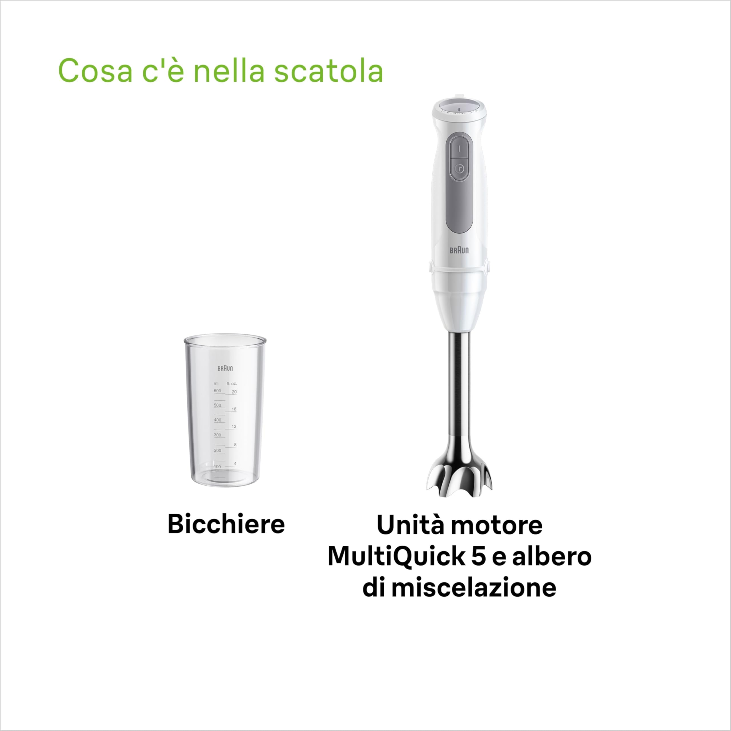 Braun MultiQuick5 MQ50.001M MINIPIMER, 21 Velocità, Tecnologia Tedesca, ECO-SOSTENIBILE PRODOTTO CON PLASTICA RICICLATA, impugnatura ergonomica, Asta in Acciaio, Bicchiere 600ml, Potenza 1000W,Bianco