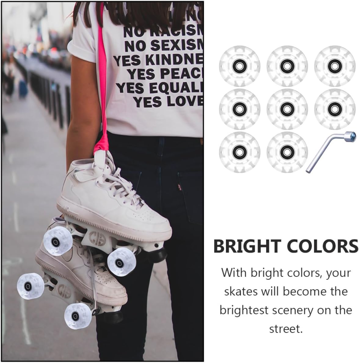 BESTYASH Light-up Double-row Roller Skate Wheels Pu 8pcs with Bearings and Wrench for Outdoor and Indoor Skating Accessories