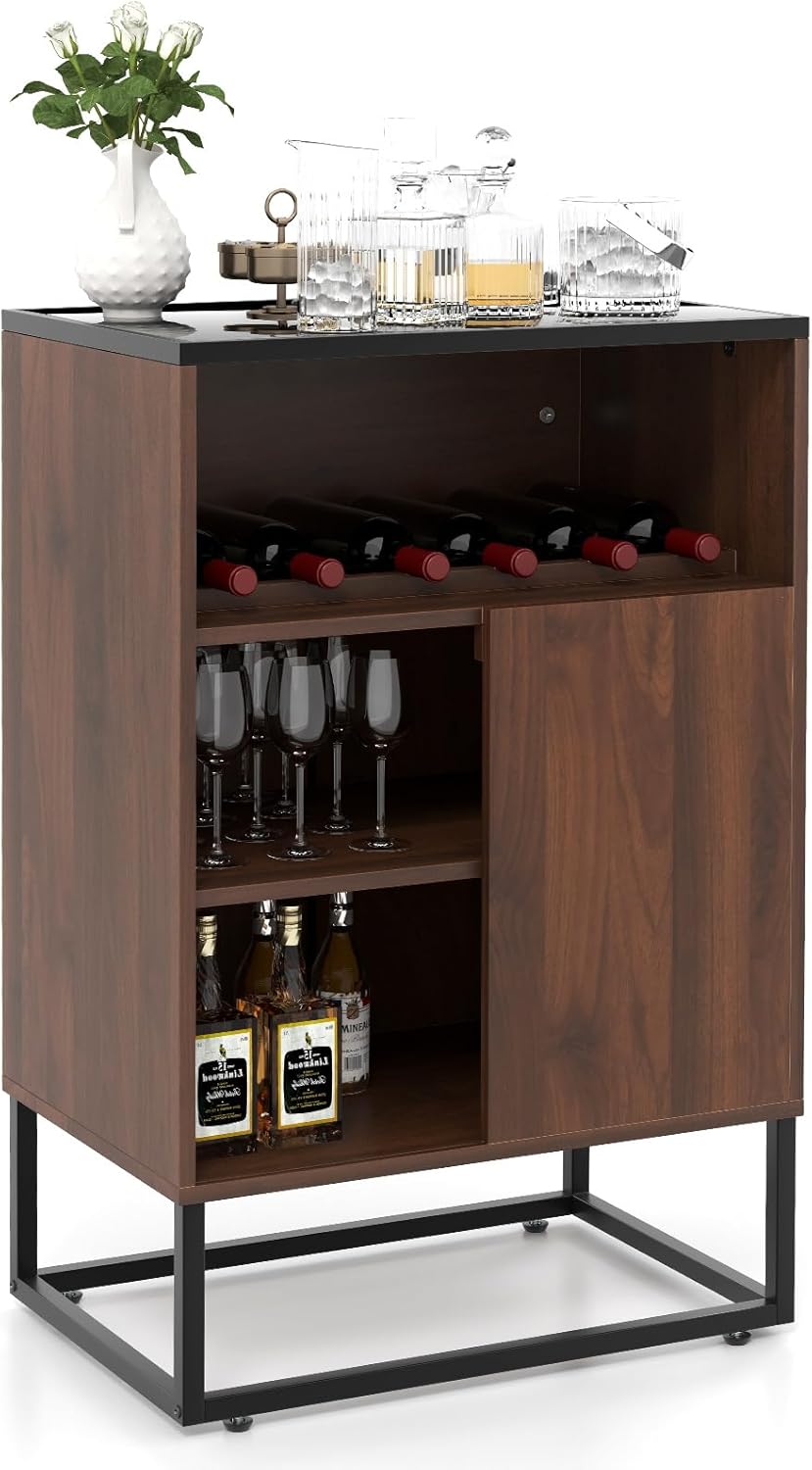 LOKO Wine Cabinet with Storage, Wine Bar Rack Cabinet with Tempered Glass Top, Wine Rack, Adjustable Shelf & Sliding Door, Small Sideboard Buffet Cabinet with Ant-toppling Device, Walnut