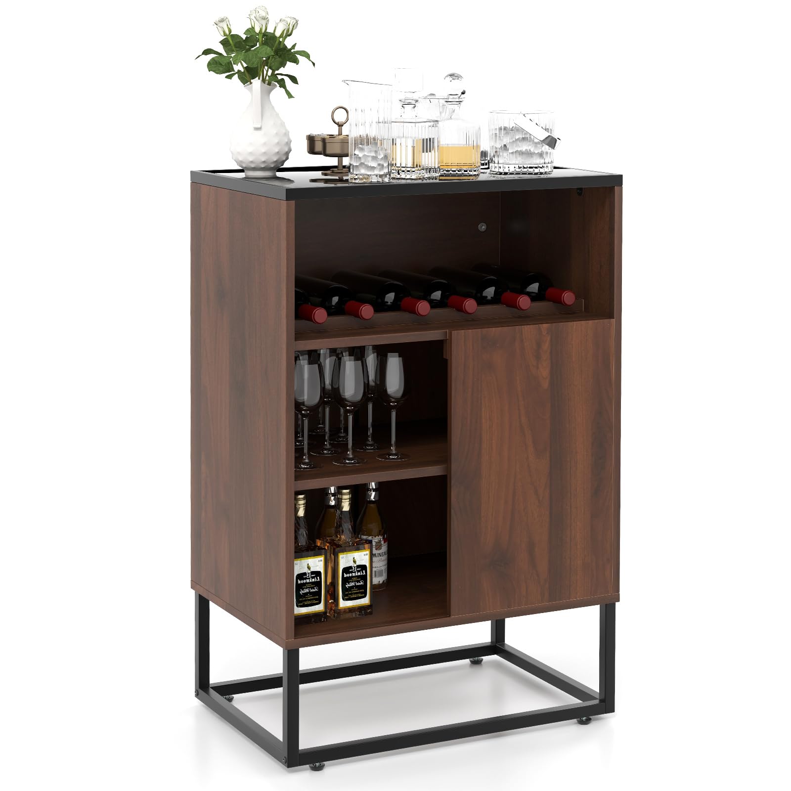 LOKO Wine Cabinet with Storage, Wine Bar Rack Cabinet with Tempered Glass Top, Wine Rack, Adjustable Shelf & Sliding Door, Small Sideboard Buffet