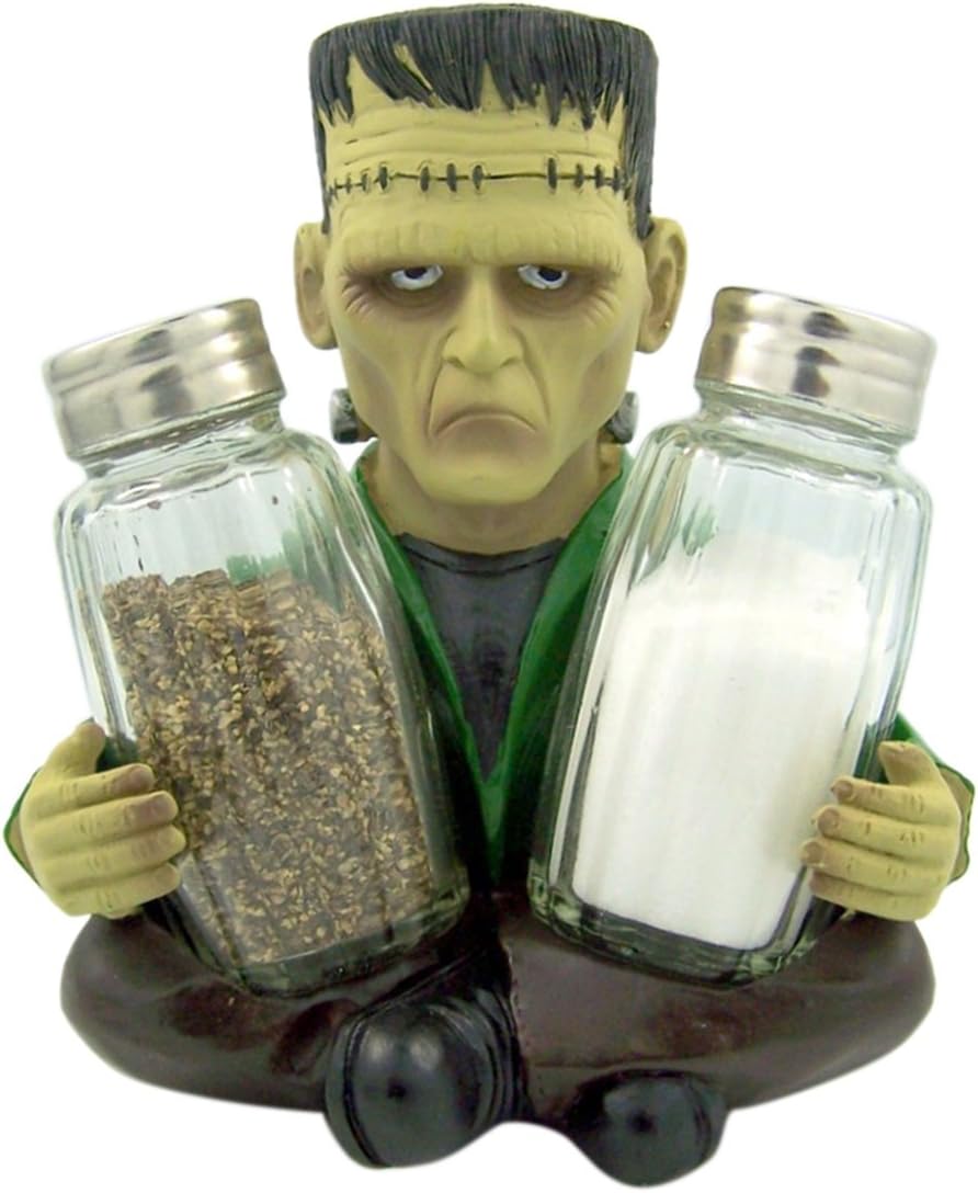 World of Wonders Frankenstein Figurine Decorative Spice Holder with Refillable Salt and Pepper Shakers 3 Piece Set | Universal Monsters Goth Kitchen Accessories - 5.5"