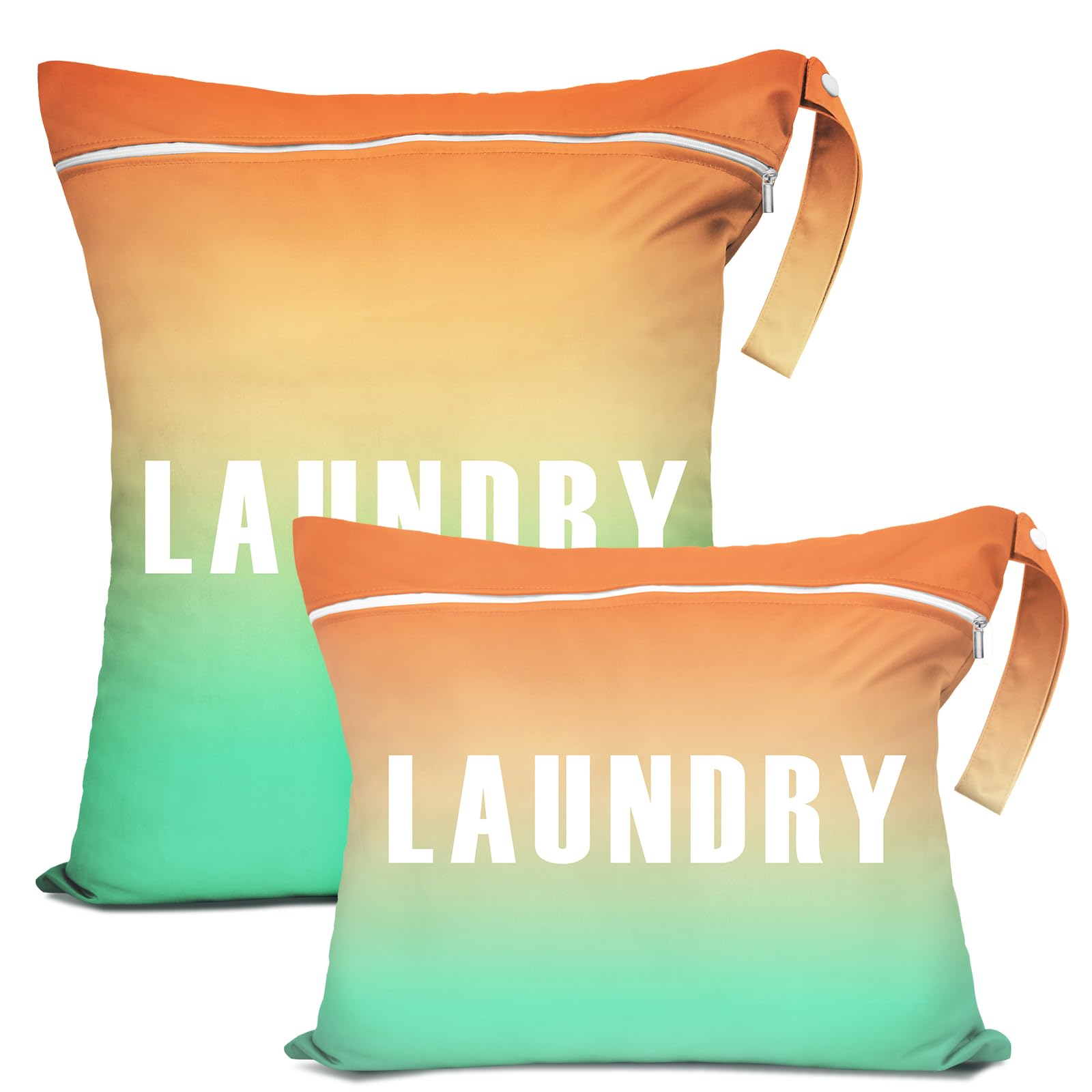 2PCS Travel Laundry Bags, Large and Small Waterproof Dirty Clothes Bags with Handles & Zipper Portable Washing Bags for Swimming Yoga Bathing Gym Home Travel Holidays (Orange-Green Gradient)
