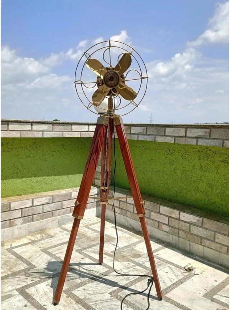 Vintage Industrial Tripod Floor Fan, Brass Finish, Wooden Stand, Retro Standing Design, Home Decorative Accent