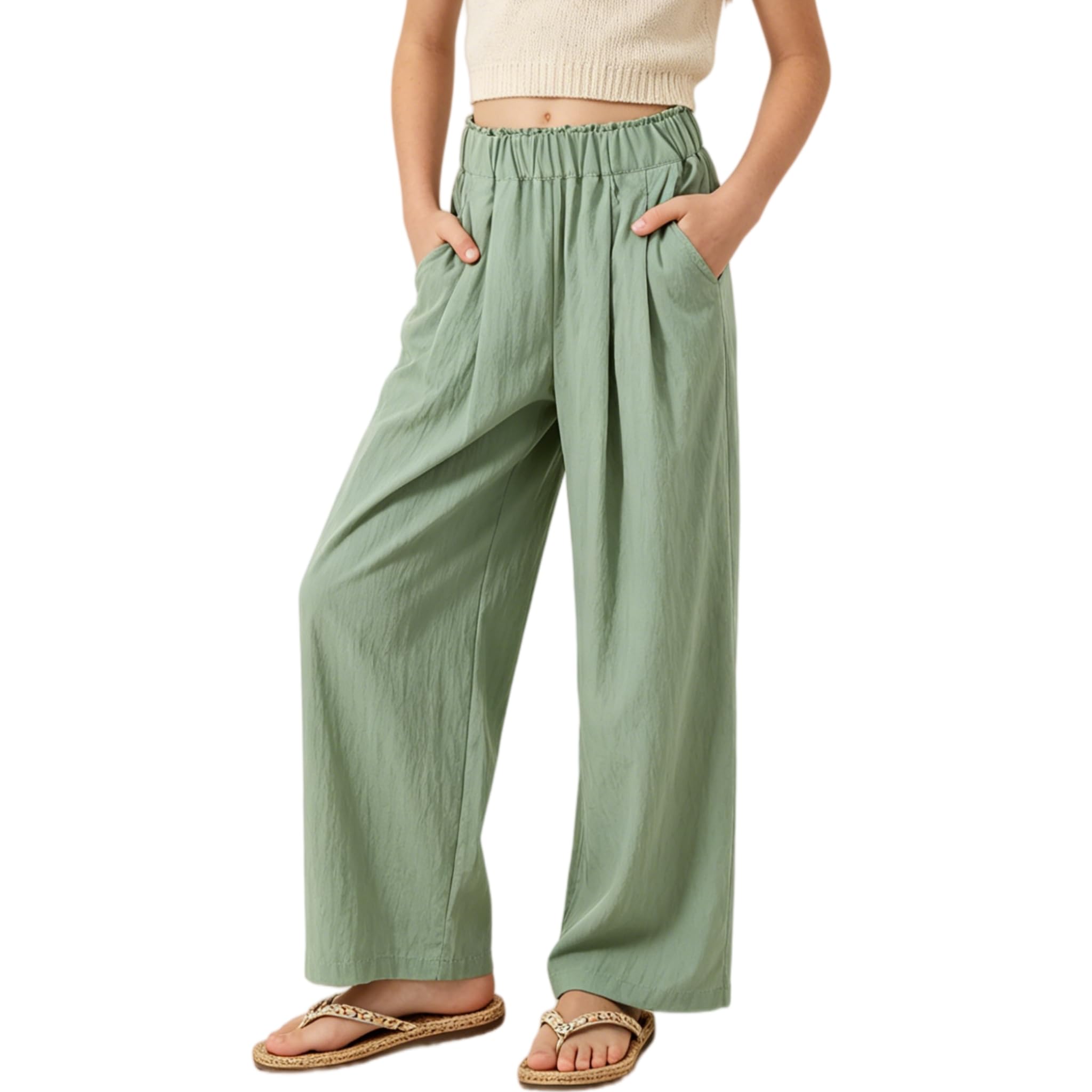 Rolanko Mädchen-Hose mit Weitem Bein, Fließender Paperbag Stil Elastische Taille Sommer Palazzo Hose mit Taschen für lockere Passform
