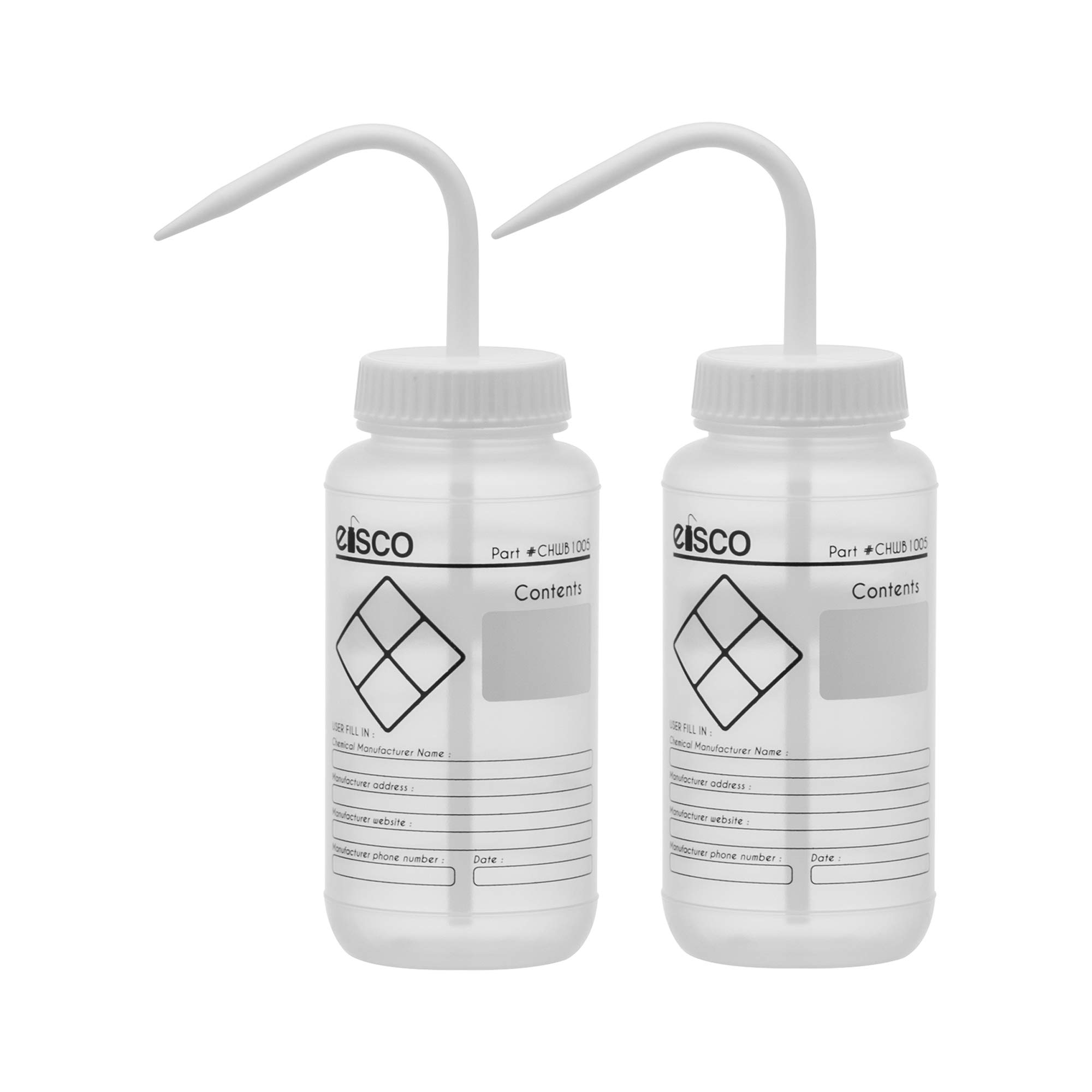 EISCO 2PK Chemical Wash Bottle, Blank Labels, 500ml - Wide Mouth, Self Venting, Low Density Polyethylene - Performance Plastics Labs