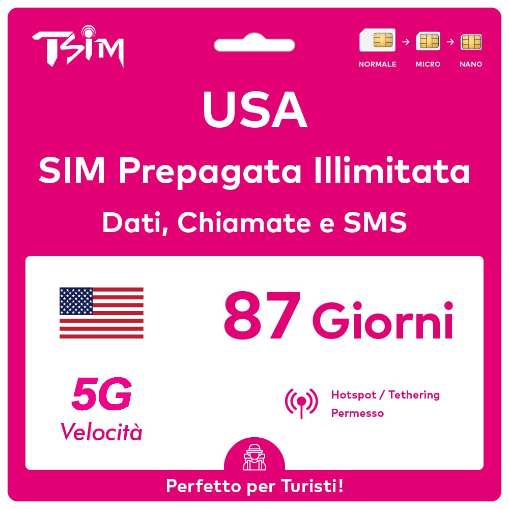Scheda SIM USA valida per 87 giorni. Rete T-Mobile con dati illimitati ad alta velocità su 5G/4G/LTE | Chiamate e SMS locali illimitati negli Stati Uniti (inclusa Hawaii). Scheda SIM 5G!