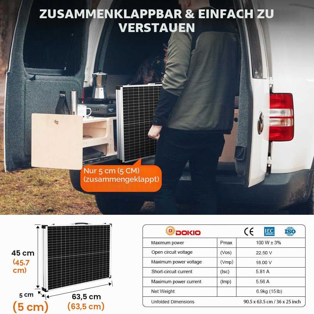DOKIO Solarkoffer 100W 18V mit Solar-Laderegler (2 USB-Ports) Für 12V Batterie Inklusive Transporttasche