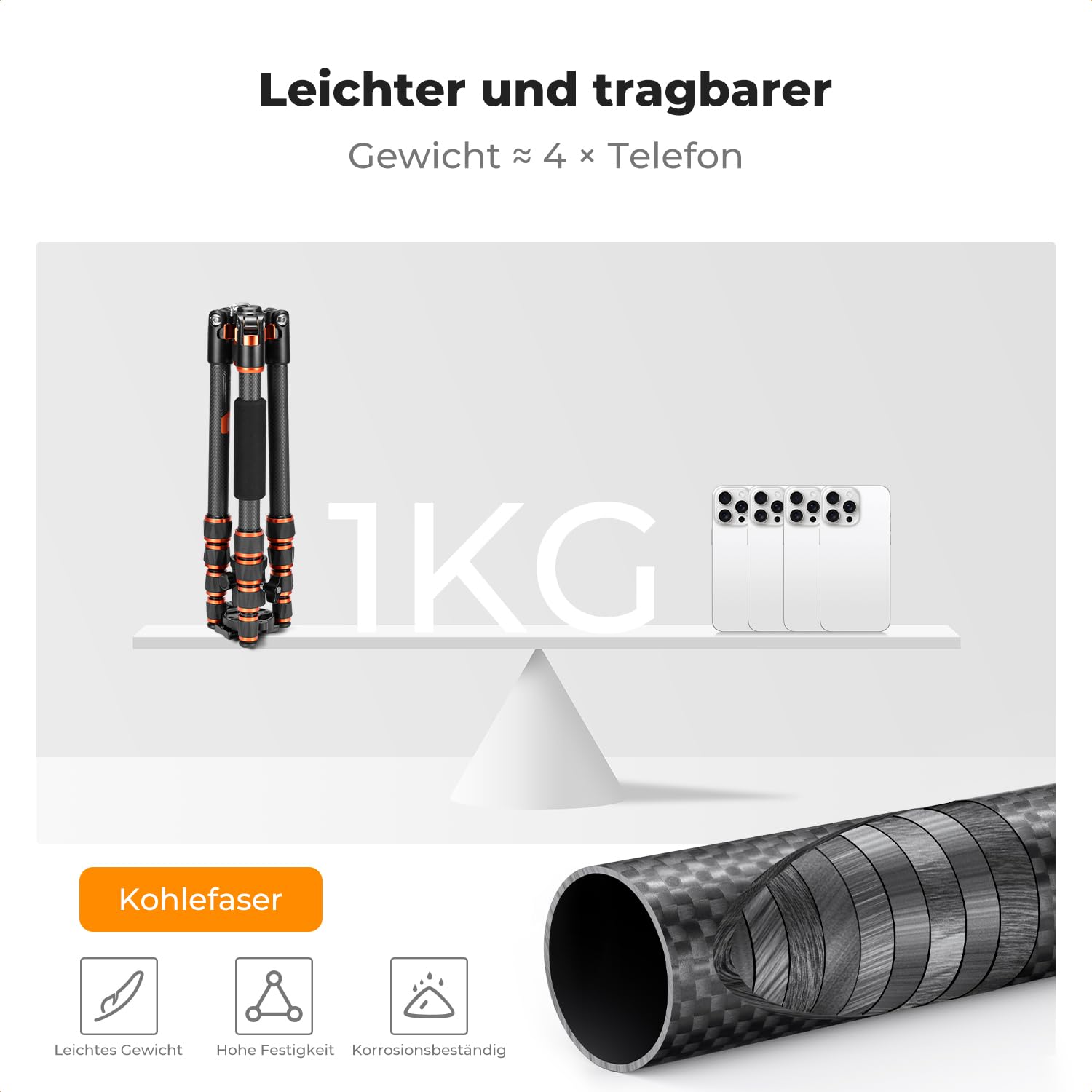 K&F CONCEPT 152cm Carbon Stativ, Leichtes Tripod, Flexibles Kamera Stativ mit 360° Kugelkopf, 1/4'' Gewinde, Tragtasche für DSLR Camera A225C0+BH-25L