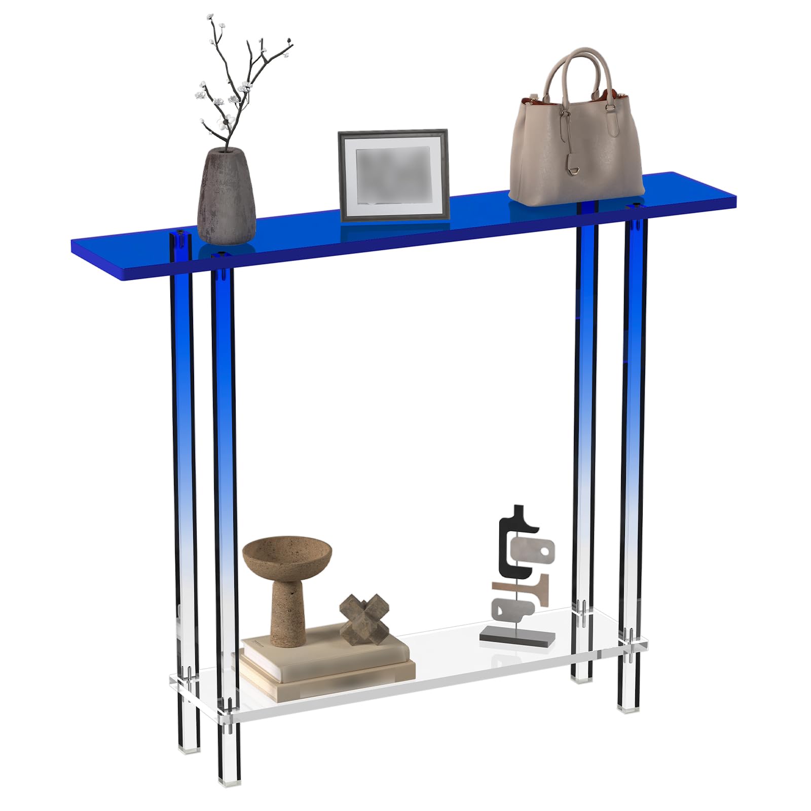 Mesa consola estrecha de acrílico, con patas cuadradas azules degradadas transparentes, 7.6 pulgadas de ancho, mesa de entrada transparente de 2 niveles para pasillo, vestíbulo, sofá, sala de
