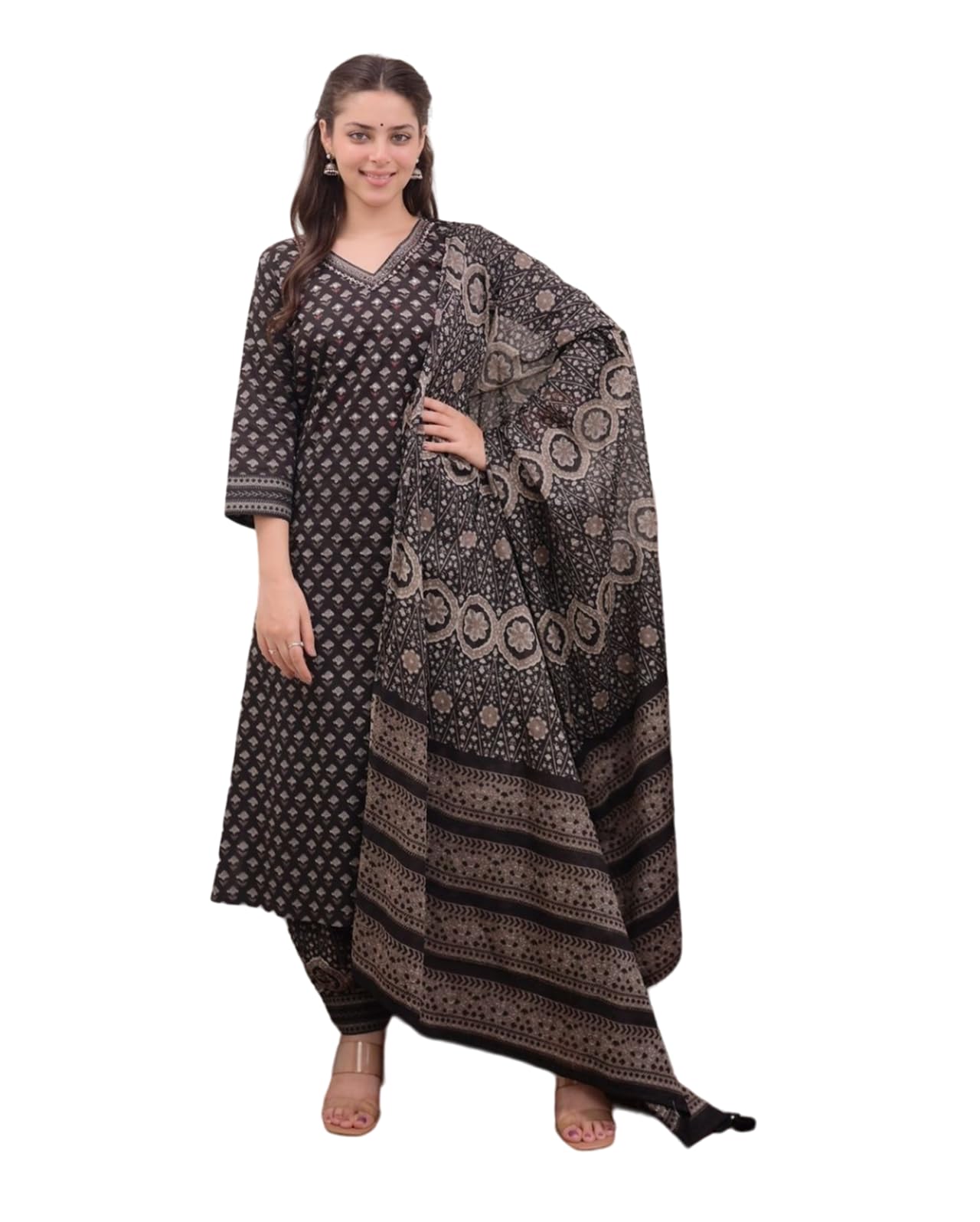 Fabnex Cotton Blend Regular Women Kurta Set (K-93-Black-S_Black