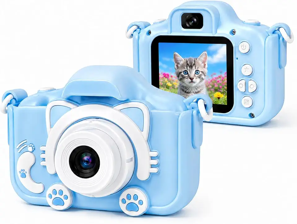 Câmera Infantil Máquina Fotográfica Digital Filmadora Brinquedo Educativo Criatividade 4 Anos Tira Foto de Verdade Recarregável HD Mini Câmera Kids com Jogos Presente para Crianças (Azul/Gato)