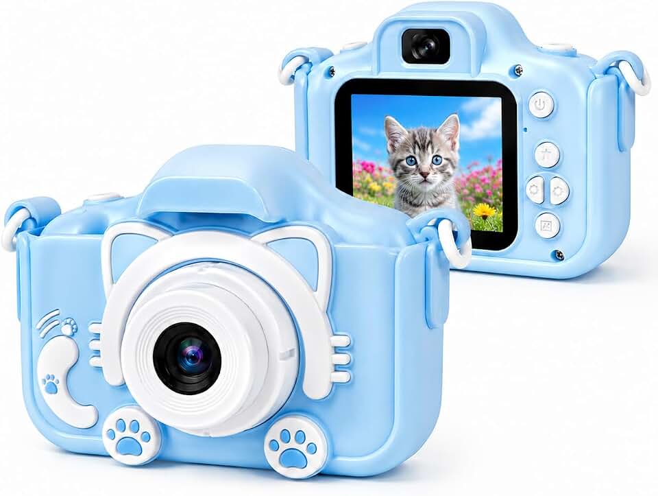 Câmera Infantil Máquina Fotográfica Digital Filmadora Brinquedo Educativo Criatividade 4 Anos Tira Foto de Verdade Recarregável HD Mini Câmera Kids com Jogos Presente para Crianças (Azul/Gato)
